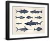 Vintage Illustration of Fish with Names in Tattoo Style over White Background-hauvi-Framed Art Print