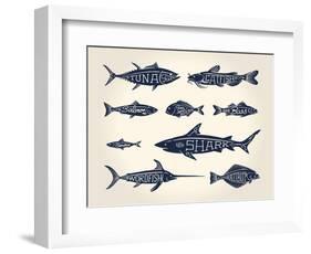 Vintage Illustration of Fish with Names in Tattoo Style over White Background-hauvi-Framed Art Print