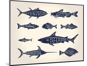 Vintage Illustration of Fish with Names in Tattoo Style over White Background-hauvi-Mounted Art Print