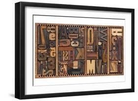 Vintage Letterpress Printing Blocks Abstract With Variety Of Letters, Numbers, Punctuation Signs-PixelsAway-Framed Art Print