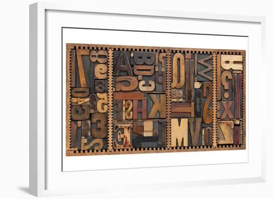 Vintage Letterpress Printing Blocks Abstract With Variety Of Letters, Numbers, Punctuation Signs-PixelsAway-Framed Art Print