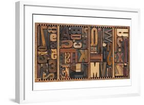 Vintage Letterpress Printing Blocks Abstract With Variety Of Letters, Numbers, Punctuation Signs-PixelsAway-Framed Art Print