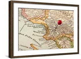 Vintage Los Angeles 1920S Map (Printed In 1926 - Copyrights Expired) With A Red Pushpin-PixelsAway-Framed Art Print