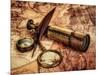 Vintage Magnifying Glass, Compass, Goose Quill Pen And Spyglass Lying On An Old Map-Andrey Armyagov-Mounted Art Print