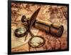 Vintage Magnifying Glass, Compass, Goose Quill Pen And Spyglass Lying On An Old Map-Andrey Armyagov-Framed Art Print