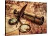 Vintage Magnifying Glass, Compass, Goose Quill Pen And Spyglass Lying On An Old Map-Andrey Armyagov-Stretched Canvas