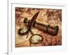 Vintage Magnifying Glass, Compass, Goose Quill Pen And Spyglass Lying On An Old Map-Andrey Armyagov-Framed Art Print