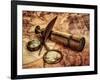 Vintage Magnifying Glass, Compass, Goose Quill Pen And Spyglass Lying On An Old Map-Andrey Armyagov-Framed Art Print