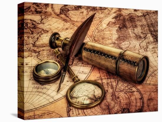 Vintage Magnifying Glass, Compass, Goose Quill Pen And Spyglass Lying On An Old Map-Andrey Armyagov-Stretched Canvas