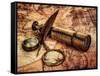 Vintage Magnifying Glass, Compass, Goose Quill Pen And Spyglass Lying On An Old Map-Andrey Armyagov-Framed Stretched Canvas