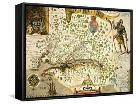 Vintage Map of Virginia, showing in upper left hand a picture of Chief Powhatan by John Smith-Theodore de Bry-Framed Stretched Canvas
