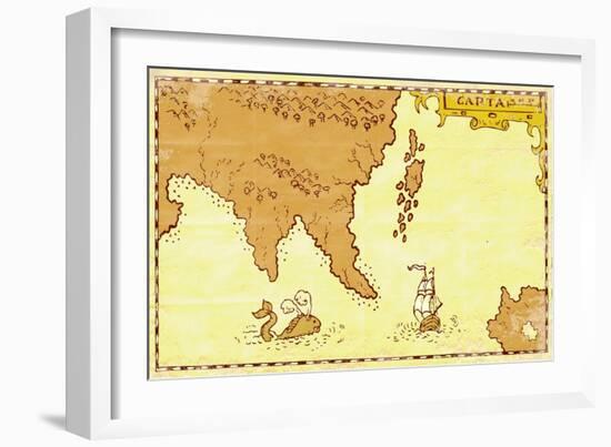 Vintage Map Treasure Island Tall Ship Whale-patrimonio-Framed Art Print