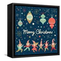 Vintage Merry Christmas Card in Vector. Funny Elves Dancing under the Snowfall. Cute Holiday Backgr-smilewithjul-Framed Stretched Canvas