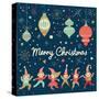 Vintage Merry Christmas Card in Vector. Funny Elves Dancing under the Snowfall. Cute Holiday Backgr-smilewithjul-Stretched Canvas