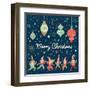 Vintage Merry Christmas Card in Vector. Funny Elves Dancing under the Snowfall. Cute Holiday Backgr-smilewithjul-Framed Art Print