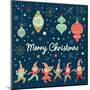 Vintage Merry Christmas Card in Vector. Funny Elves Dancing under the Snowfall. Cute Holiday Backgr-smilewithjul-Mounted Art Print