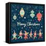 Vintage Merry Christmas Card in Vector. Funny Elves Dancing under the Snowfall. Cute Holiday Backgr-smilewithjul-Framed Stretched Canvas