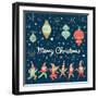 Vintage Merry Christmas Card in Vector. Funny Elves Dancing under the Snowfall. Cute Holiday Backgr-smilewithjul-Framed Art Print