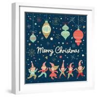 Vintage Merry Christmas Card in Vector. Funny Elves Dancing under the Snowfall. Cute Holiday Backgr-smilewithjul-Framed Art Print