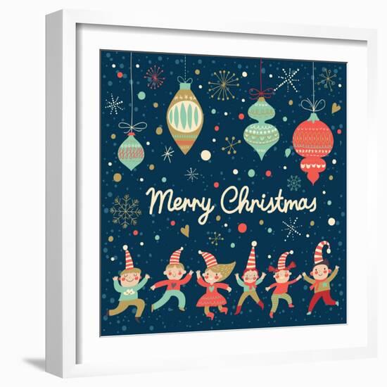 Vintage Merry Christmas Card in Vector. Funny Elves Dancing under the Snowfall. Cute Holiday Backgr-smilewithjul-Framed Art Print