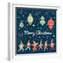 Vintage Merry Christmas Card in Vector. Funny Elves Dancing under the Snowfall. Cute Holiday Backgr-smilewithjul-Framed Art Print