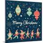 Vintage Merry Christmas Card in Vector. Funny Elves Dancing under the Snowfall. Cute Holiday Backgr-smilewithjul-Mounted Art Print