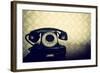 Vintage Old Telephone, Black Retro Phone Is On Wooden Table Over Green Old-Fashioned Wallpaper-khorzhevska-Framed Art Print