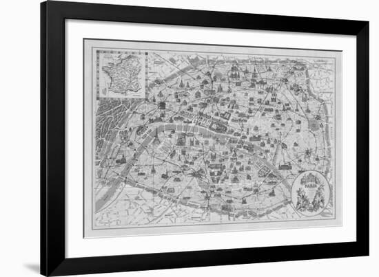 Vintage Paris Map - B&W-The Vintage Collection-Framed Giclee Print