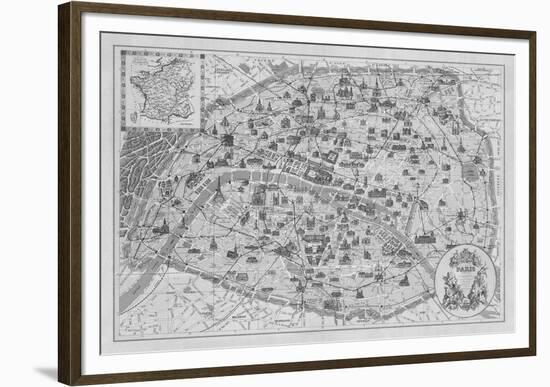 Vintage Paris Map - B&W-The Vintage Collection-Framed Giclee Print