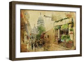 Vintage Parisian Cards Series - Montmartre Street-Maugli-l-Framed Art Print