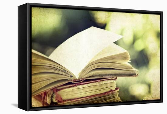 Vintage Photo of Old Books on Colorful Bokeh Background-melis-Framed Stretched Canvas