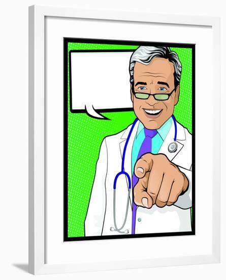 Vintage Pop Art Doctor with Pointing Hand-jorgenmac-Framed Art Print