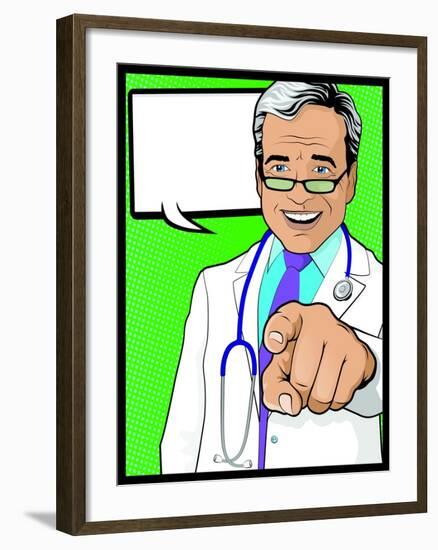 Vintage Pop Art Doctor with Pointing Hand-jorgenmac-Framed Art Print