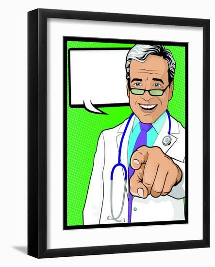 Vintage Pop Art Doctor with Pointing Hand-jorgenmac-Framed Art Print