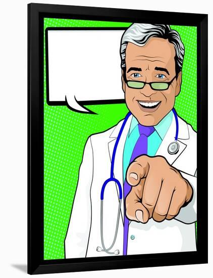 Vintage Pop Art Doctor with Pointing Hand-jorgenmac-Framed Art Print