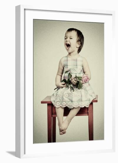 Vintage Portrait of Crying Little Girl with Rose-vitalytitov-Framed Art Print