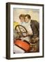 Vintage Postcard of Couple Driving-null-Framed Giclee Print