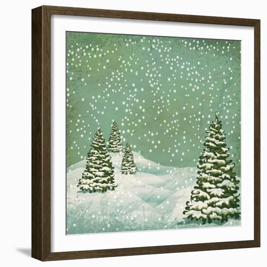 Vintage Postcard with Christmas Trees, Snow (Jpeg Version)-Alkestida-Framed Premium Giclee Print