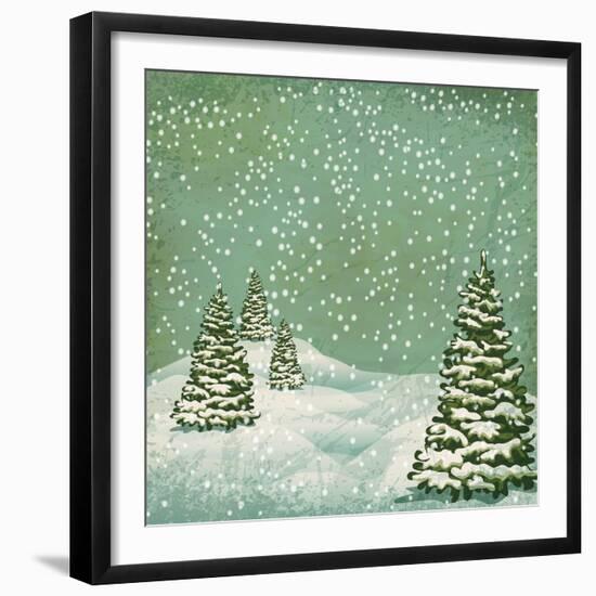 Vintage Postcard with Christmas Trees, Snow (Jpeg Version)-Alkestida-Framed Premium Giclee Print