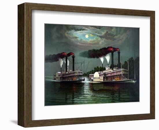 Vintage Print Featuring the Race of Steamboats Robert E. Lee and Natchez-null-Framed Art Print