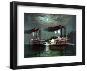 Vintage Print Featuring the Race of Steamboats Robert E. Lee and Natchez-null-Framed Art Print