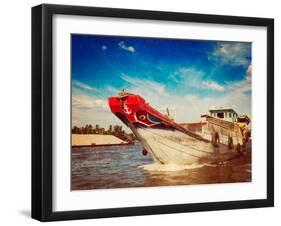 Vintage Retro Hipster Style Travel Image of Boat on Mekong River Delta, Vietnam with Grunge Texture-f9photos-Framed Photographic Print