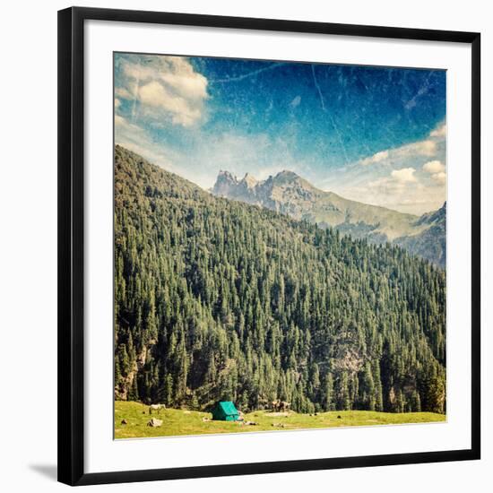 Vintage Retro Hipster Style Travel Image of Camp Tent in Himalayas Mountains with Overlaid Grunge T-f9photos-Framed Photographic Print