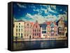 Vintage Retro Hipster Style Travel Image of Canal and Medieval Houses. Bruges (Brugge), Belgium-f9photos-Framed Stretched Canvas