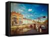 Vintage Retro Hipster Style Travel Image of Canal with Old Bridge. Bruges (Brugge), Belgium with Gr-f9photos-Framed Stretched Canvas