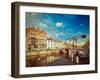 Vintage Retro Hipster Style Travel Image of Canal with Old Bridge. Bruges (Brugge), Belgium with Gr-f9photos-Framed Photographic Print