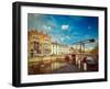 Vintage Retro Hipster Style Travel Image of Canal with Old Bridge. Bruges (Brugge), Belgium with Gr-f9photos-Framed Photographic Print