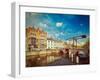 Vintage Retro Hipster Style Travel Image of Canal with Old Bridge. Bruges (Brugge), Belgium with Gr-f9photos-Framed Photographic Print