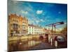 Vintage Retro Hipster Style Travel Image of Canal with Old Bridge. Bruges (Brugge), Belgium with Gr-f9photos-Mounted Photographic Print