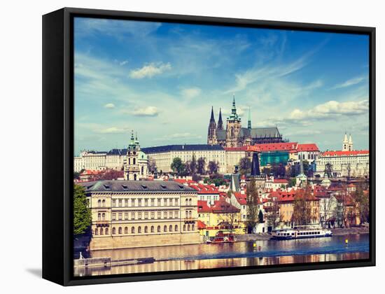 Vintage Retro Hipster Style Travel Image of Charles Bridge over Vltava River and Gradchany (Prague-f9photos-Framed Stretched Canvas